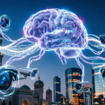 AI-powered smart security cameras connected to digital brain with facial recognition and analytics protecting Saudi Arabia businesses - SCT intelligent surveillance system