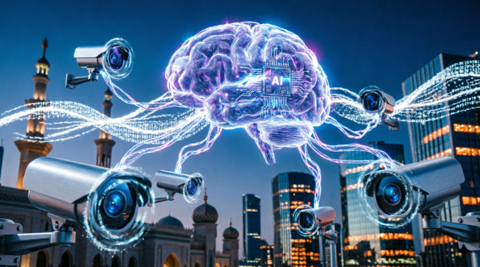 AI-powered smart security cameras connected to digital brain with facial recognition and analytics protecting Saudi Arabia businesses - SCT intelligent surveillance system