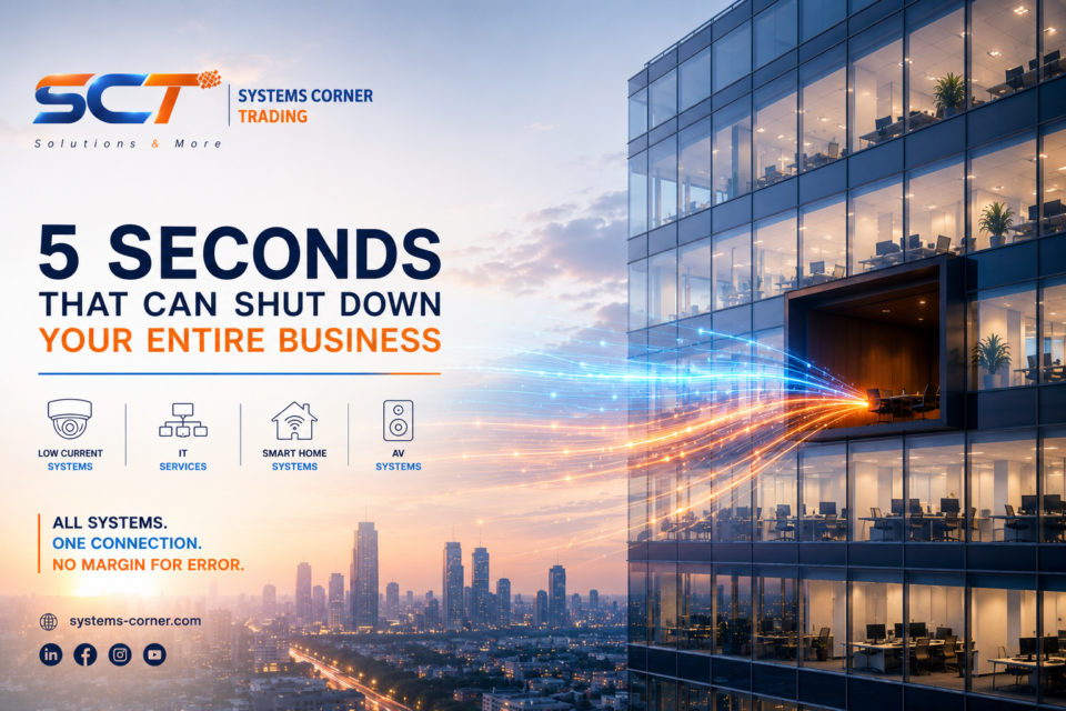 Modern business building illustrating how a single infrastructure failure can disrupt connected systems, including networking, structured cabling, and business operations.