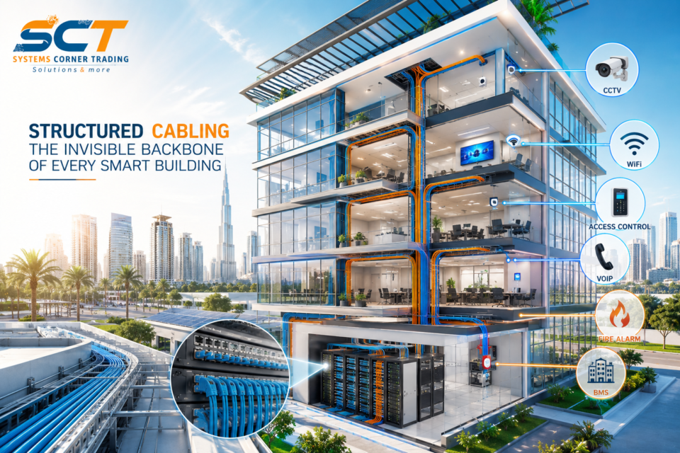Structured Cabling infrastructure connecting CCTV, Wi-Fi, Fiber Optic, Access Control, Fire Alarm, VoIP, and Smart Building systems in Saudi Arabia.