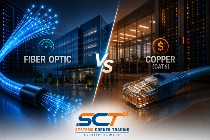 Fiber Optic vs Copper Cat6 Cabling Comparison Showing Business Network Infrastructure Solutions