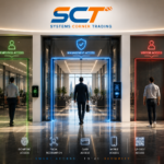 Modern access control system securing a corporate facility with smart entry gates, authorization management, and integrated security solutions.