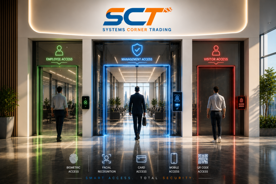 Modern access control system securing a corporate facility with smart entry gates, authorization management, and integrated security solutions.