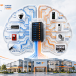 Illustration of an intelligent building where cameras, access control, fire alarm, fiber optic, intercom, and network systems work together through a central server.