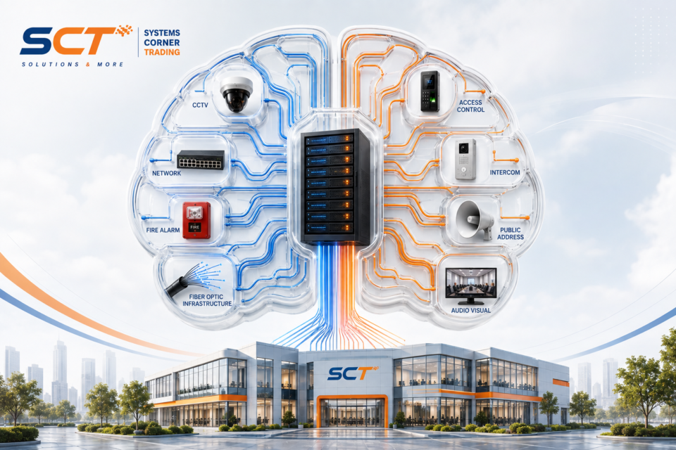 Illustration of an intelligent building where cameras, access control, fire alarm, fiber optic, intercom, and network systems work together through a central server.