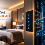 Smart hotel room integrated with a Guest Room Management System (GRMS) controlling lighting, HVAC, curtains, access and guest services.