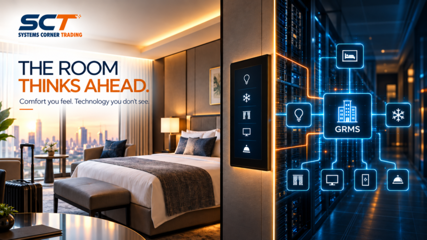 Smart hotel room integrated with a Guest Room Management System (GRMS) controlling lighting, HVAC, curtains, access and guest services.
