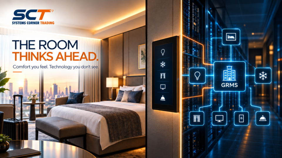 Smart hotel room integrated with a Guest Room Management System (GRMS) controlling lighting, HVAC, curtains, access and guest services.