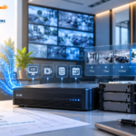 CCTV cameras connected to an NVR with hard drives and a 30-day retention timeline for CCTV storage calculation.