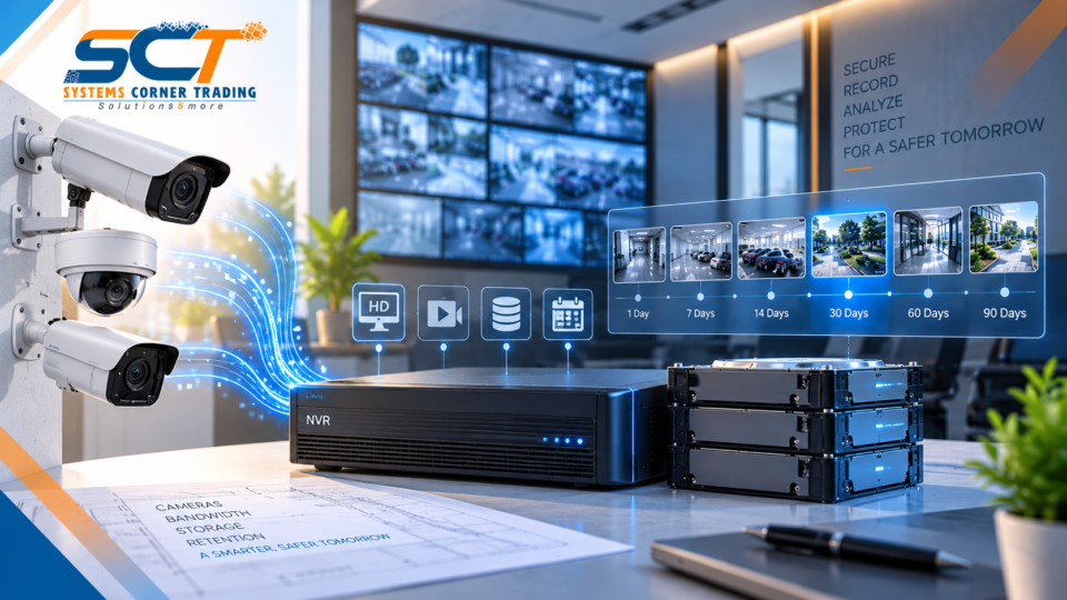 CCTV cameras connected to an NVR with hard drives and a 30-day retention timeline for CCTV storage calculation.