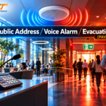 Public Address and Voice Evacuation system with ceiling speakers, paging microphone and emergency exit guidance in a modern building.