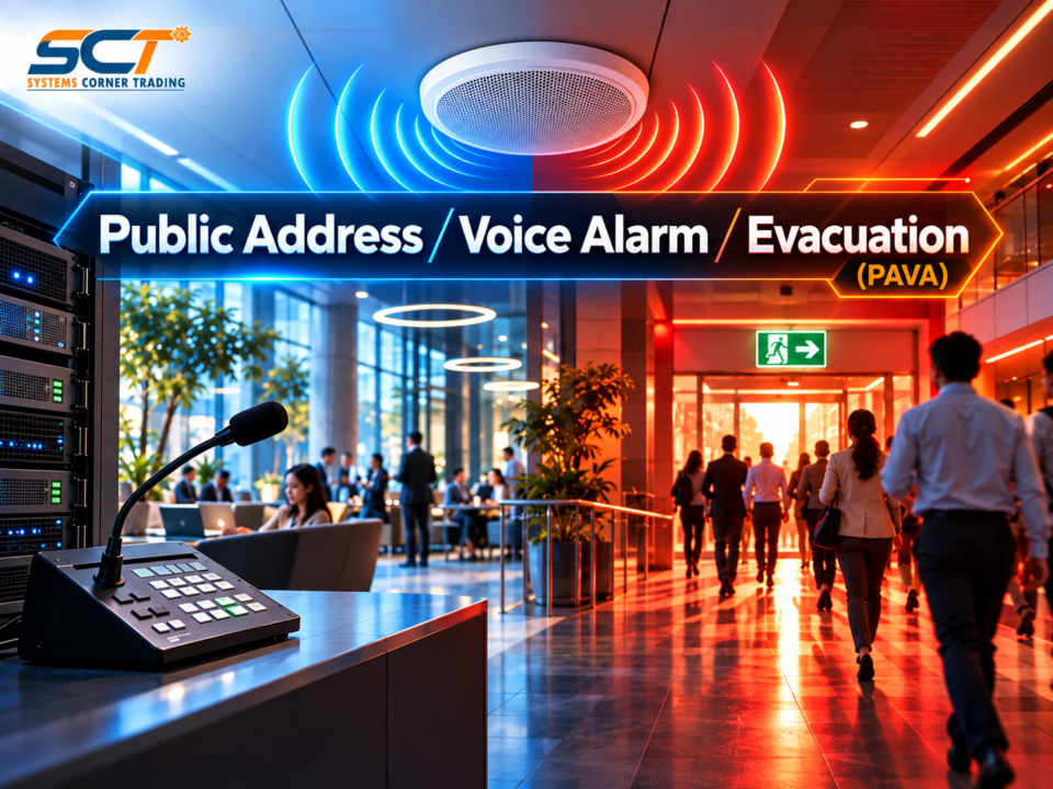 Public Address and Voice Evacuation system with ceiling speakers, paging microphone and emergency exit guidance in a modern building.