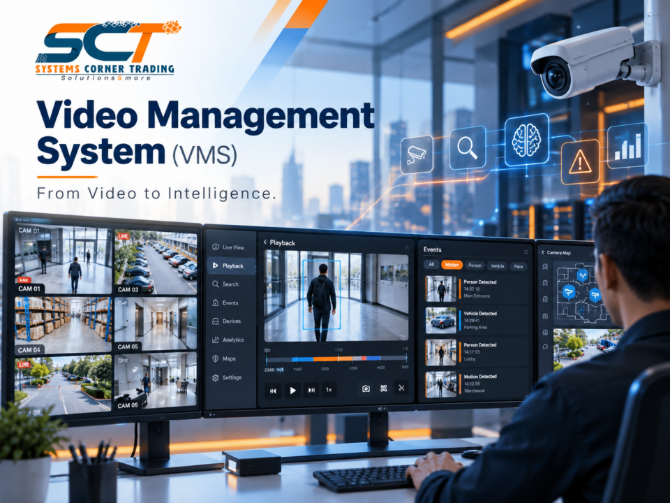 Video Management System (VMS) displaying live CCTV feeds, playback, event search, analytics and camera monitoring in a security control room.
